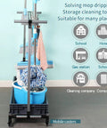 Rolling Cleaning Cart For Broom And Mop Storage With Drain Tray, Heavy Duty Commercial Mop Rack And Organizer in indoor setting