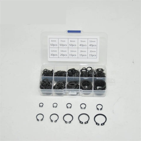 External Snap Ring Assortment Kit With 10 Sizes From 6mm To 20mm C Clips Circlip Set in clear plastic box, black color, arranged in compartments