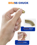 Hand holding brass collet from 15 Piece Chuck Collet Set For Rotary Tools And Mini Drills, keyless quick change chuck with brass collet nut