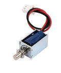 Open Frame Popup Solenoid Door Lock For Tiny To Small Doors Dope Compact Electromagnetic Lock In Plastic And Metal Five To Twelve Volt DC Operation Two To Five Millimeter Stroke Easy Install And Secure Access, compact metal body with wires