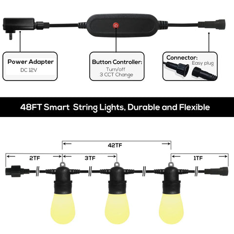 Smart Outdoor String Lights 48 Feet With 16 Shatterproof LED Bulbs For Patio Garden Backyard Deck Porch Pergola Gazebo And Yard