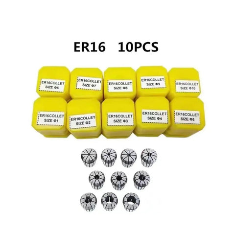 Precision Spring Collet Holder Set For Engraving CNC Milling And Lathe Tools 0.015mm Accuracy In ER16 Sizes 10pcs yellow and black collets.
