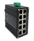 Side view of Rugged 10 Port Gigabit Ethernet Switch with Auto MDI X RJ45 Ports for industrial use, compact black design.