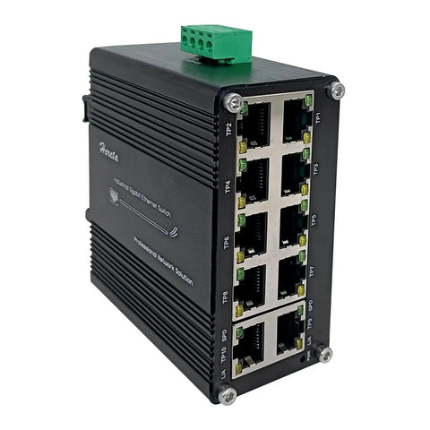Side view of Rugged 10 Port Gigabit Ethernet Switch with Auto MDI X RJ45 Ports for industrial use, compact black design.