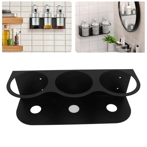 Solid Two Pack Aerosol Bottle Holder Wall Mount For Spray Cans Beefy Steel Storage Rack shown in black with three circular holders.
