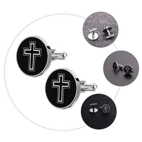 Cross Cufflinks For Men In Titanium Steel, Black Decorative Shirt Buttons, Slick Fashion Fasteners for Formal Shirts