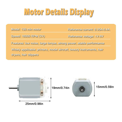 Diagram showing motor details for Ten Pack Of Tiny 130 Miniature DC Motors With Wire For DIY Toys And Science Projects And Small Electronics