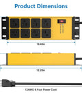 Heavy Duty Power Strip With 20 Amp Surge Protector And 12 Gauge Tough As Nails Wiring Featuring Eight Grounded Outlets Plus 10 Foot Extension Cord dimensions displayed.