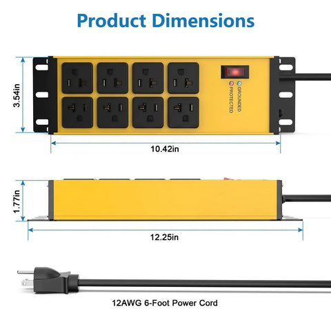 Heavy Duty Power Strip With 20 Amp Surge Protector And 12 Gauge Tough As Nails Wiring Featuring Eight Grounded Outlets Plus 10 Foot Extension Cord dimensions displayed.