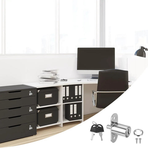 Heavy Duty Push Plunger Locks Loaded With Keys And Hardware For Cabinetry Drawers And Shed Doors Brushed Steel Finish on office desk.