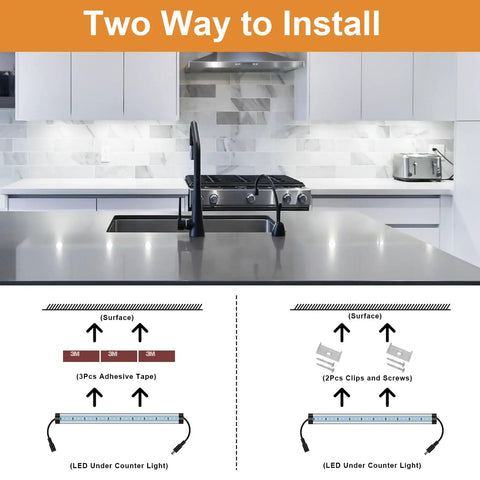 Installation options for Under Cabinet Lighting Kit Six Pack 12 Inch LED Plug In Lights 5000K Daylight 3600LM in kitchen.