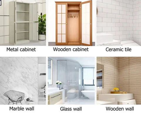 Various surfaces including metal cabinet, wooden cabinet, ceramic tile, marble wall, glass wall, and wooden wall for mounting Self Adhesive Shelf Support Pegs Set Heavy Duty Shelf Clips With 16 Pound Capacity Easy Split Design Strong Partition Pins For Kitchen Cabinets Bookshelves Closets Clapboard Layer And More Mounting Versatility.