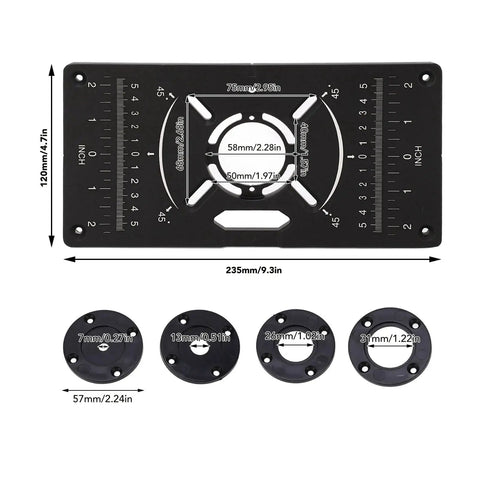 Top Grade Aluminum Router Table Insert Plate With Four Butter Smooth Trim Rings And Dual Inch Metric Scale For Zero Fuss Woodworking Diy And Garage Carpentry Builds, showing dimensions and trim rings.