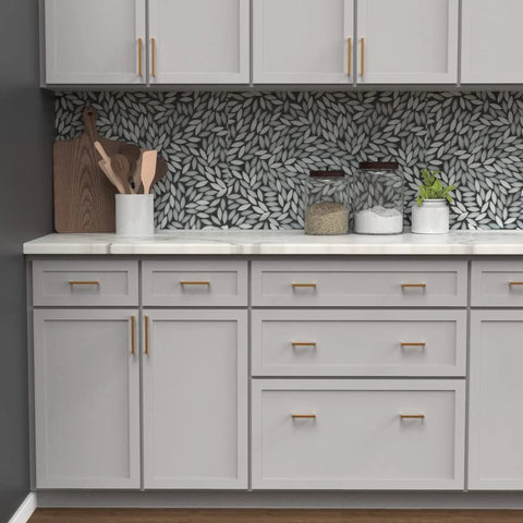 Modern kitchen cabinets featuring Heritage Designs Contemporary Cabinet Pull 3-3/4 Inch Center to Center Brushed Brass Finish 10-Pack.