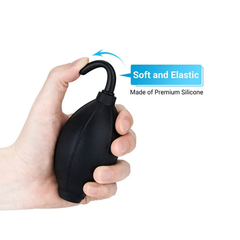 Soft Tip Silicone Air Blower For Cameras And Gadgets Super Handy Dust Cleaner With Microfiber Cloth in hand showing flexibility