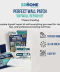 All In One Drywall Repair Kit With Wall Plate, Two Patch Compound Bags, Dual Grit Sanding Block And Trowel For Quick Hole Repair displayed