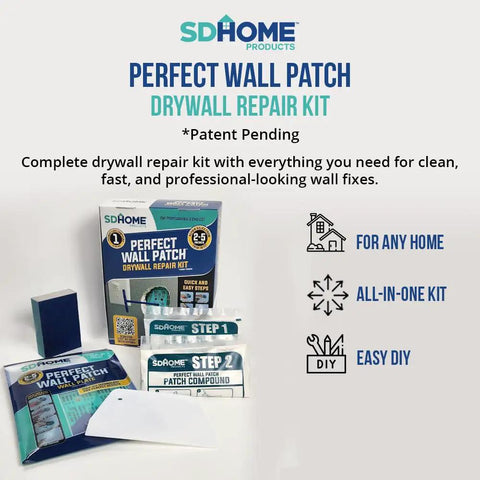 All In One Drywall Repair Kit With Wall Plate, Two Patch Compound Bags, Dual Grit Sanding Block And Trowel For Quick Hole Repair displayed