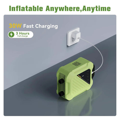 Electric Paddle Board Pump 20 PSI High-Pressure Rechargeable SUP Air Pump charging via wall socket on gray surface.