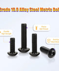 Four black alloy steel grade 10.9 hex socket button head bolts in different sizes against a white background.