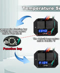 Dual Electric Radiator Fan Switch Kit For 12V And 24V Rides with temperature unit display and function key detail.