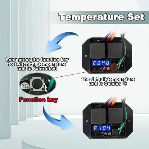 Dual Electric Radiator Fan Switch Kit For 12V And 24V Rides with temperature unit display and function key detail.