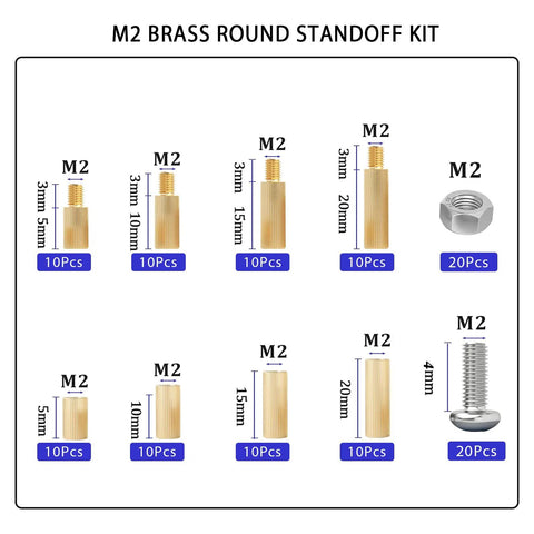 M2 brass round standoff kit components including varying lengths and sizes in 10 and 20 piece assortments for circuit boards.