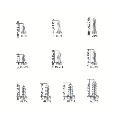 600 And 1200 Piece Miniature Self Tapping Screws Set, Crosshead Phillips Head Carbon Steel, various sizes for repairs