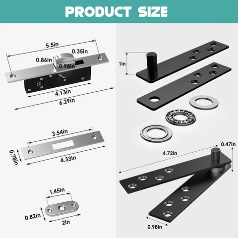 Heavy Duty 360 Degree Hidden Door Pivot Hinges Kit for Secret Doors and Bookcases, size details, stainless steel parts.