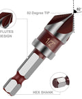 Close-up view of countersink drill bit with 82° tip, HSS, 1/4" hex shank, five-flute design