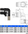 Heavy Duty One Half Inch Push To Connect Female Elbow Fittings 90 Degree For Pneumatic Systems, diagram, dimensions, black and white.