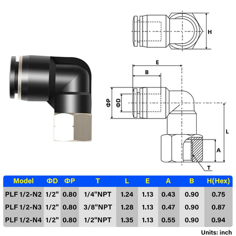 Technical drawing and measurements of Female Elbow Push To Connect Fittings 1/2 Inch Tube OD 1/8 Inch NPT Thread 90 Degree Copper Plastic