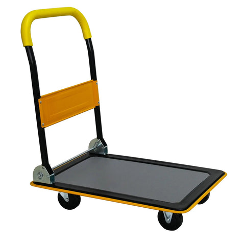 Heavy Duty Foldable Platform Hand Truck Rated At 330 Lbs With Silent Swivel Rollers That Glide Like Butter And Collapse Flawlessly For Stress Free Hauls Around Town, showing the sturdy frame and foam grip handle.