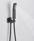 Top Tier Matte Black Wall Mounted Led Rainfall Shower System With Three Way Diverter Valve and hand shower attachment.