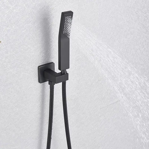 Top Tier Matte Black Wall Mounted Led Rainfall Shower System With Three Way Diverter Valve and hand shower attachment.