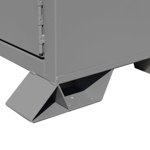 Close-up of the base of Hardcore Heavy Duty All Welded Steel Job Site Storage Cabinet with sturdy corner supports.