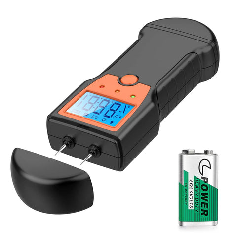 Wood Moisture Meter for Firewood with Digital Pin Type Tester, LCD display, black and orange design, battery included