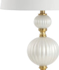 Pearl White Fluted Glass LED Table Lamp 30 Inch With Stacked Sphere Crystal Base White Faux Silk Shade Energy Saving LED Bulbs Included