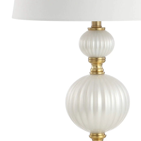 Pearl White Fluted Glass LED Table Lamp 30 Inch With Stacked Sphere Crystal Base White Faux Silk Shade Energy Saving LED Bulbs Included