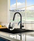 Friho Matte Black Kitchen Faucet with Pull Down Sprayer, Single Handle High Arc Stainless Steel, Deck Plate for 1/3 Hole Installation showing flexible handle design in modern kitchen.