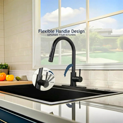 Friho Matte Black Kitchen Faucet with Pull Down Sprayer, Single Handle High Arc Stainless Steel, Deck Plate for 1/3 Hole Installation showing flexible handle design in modern kitchen.