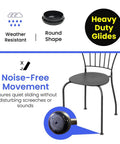 Wrought Iron Chair Glides Fit 1-1/2 Inch Cup, Round Plastic Floor Protectors For Patio Furniture, installed on chair leg.