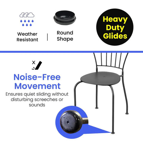 Wrought Iron Chair Glides Fit 1-1/2 Inch Cup, Round Plastic Floor Protectors For Patio Furniture, installed on chair leg.