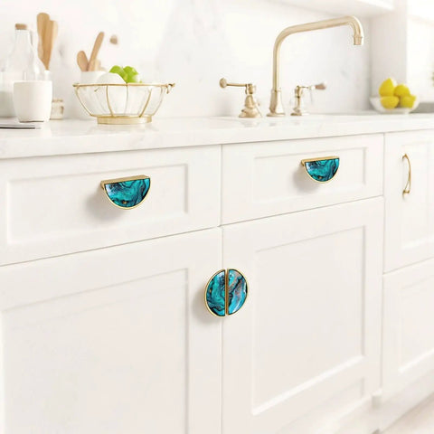 2 Pack Teal Fluid Art Cabinet Pulls With Gold Dust, 3 Inch Hole Center Gold Semicircle Drawer Handles in white kitchen setting
