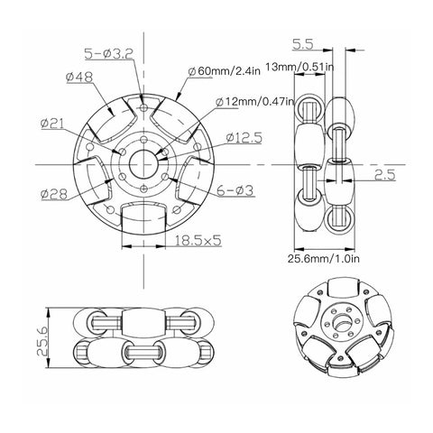 Kadimendium robot omni wheel replacement, 60mm aluminium alloy, anti-slip, includes screws