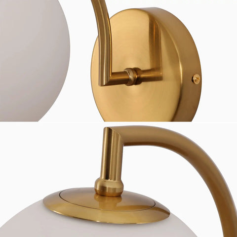 Close-up of a Mid Century Gold Wall Sconce Set Of Two With Milky Globe Shade Brass Finish Bedside Wall Lamps For Home Decor
