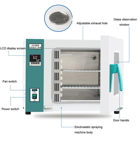 Heavy Duty Lab Drying Oven With Digital Forced Air Convection For Precise Temp Control Up To 300C showing LCD display and glass window.