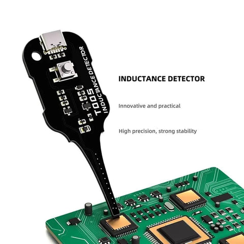 Electromagnetic Induction Based Coil Tester XA5 detecting inductor faults on electronic component with motherboard, black device
