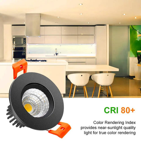 Modern kitchen with 2 Inch LED Dimmable Downlight With 3W COB, Recessed Ceiling Light, Warm White 3000K-3500K, CRI80, Black Trim