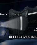 Front and back view of Hands Free Hydration Pack Chest Rig For Running And Fastpacking With Two Front Bottle Pockets showing reflective stripe.
