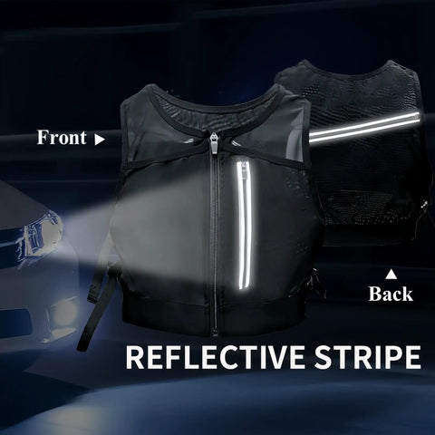 Front and back view of Hands Free Hydration Pack Chest Rig For Running And Fastpacking With Two Front Bottle Pockets showing reflective stripe.